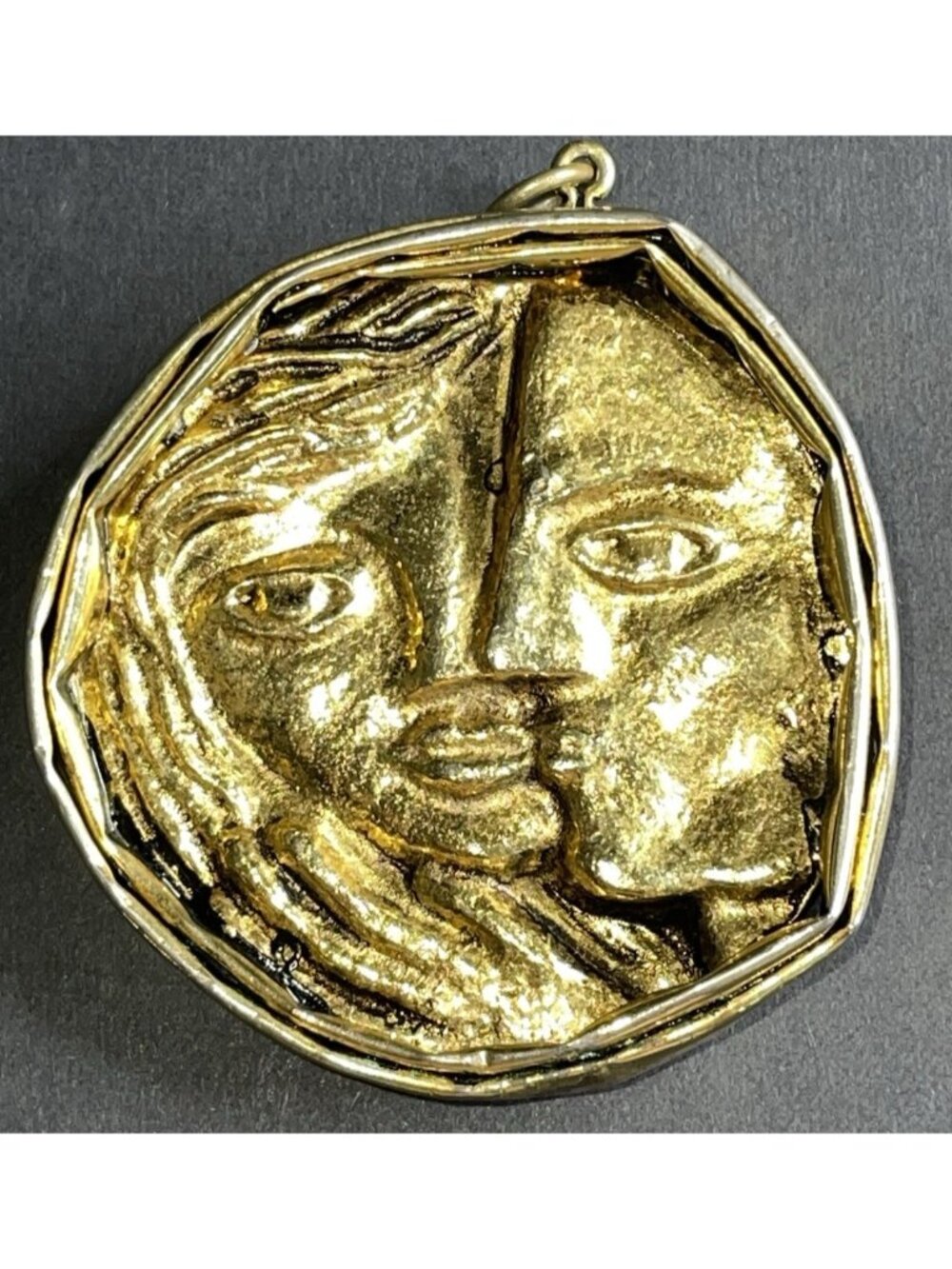 RARE 2 Face Man Woman Pendant Brutalist Art Gold Tone Love Couture 2" 3D Jewelry